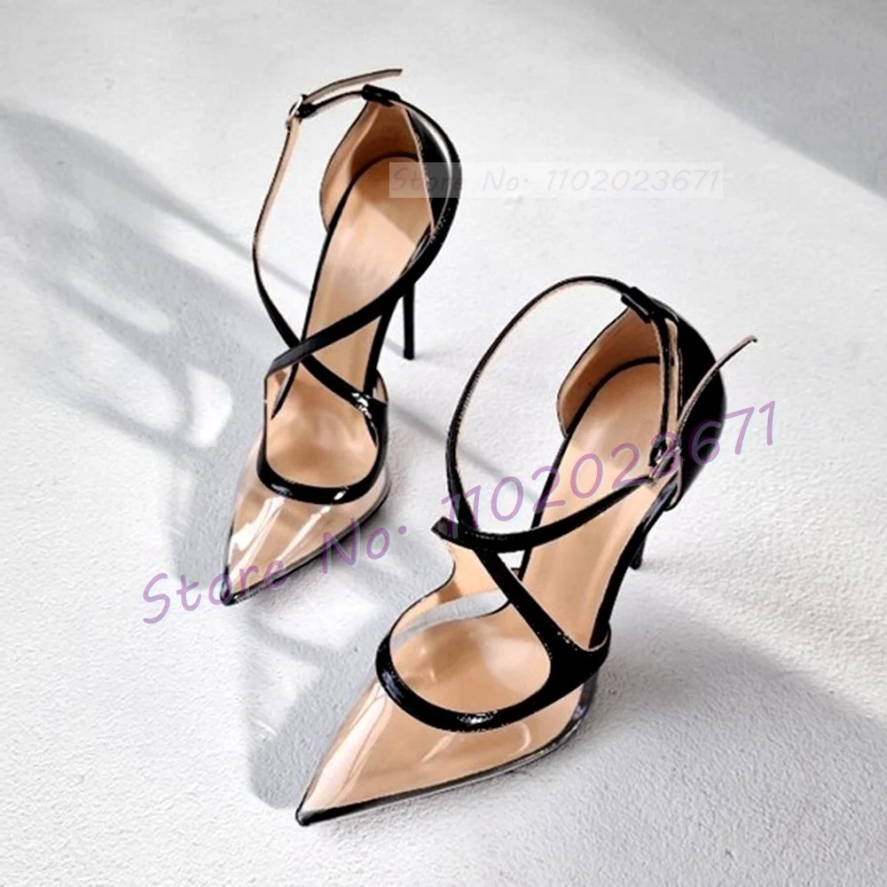 Clear Pvc Pointy Cross Strap Sandals Women Concise Casual High Heels Sexy Sandals Summer Chic Thin Buckle Strap Party Shoes