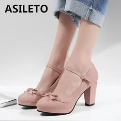 ASILETO Large size 45 46 Women Strap Pumps Bows Platform High Heels Round Toe Party Wedding Shoes Bridal Stilettos Black