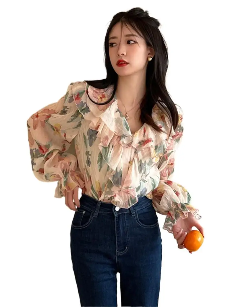 

Korean Style Rayon Design Sense Double-layer Princess Ruffled Floral Print Lovely Sweet Temperament Chic Tops Blouses Fairycore