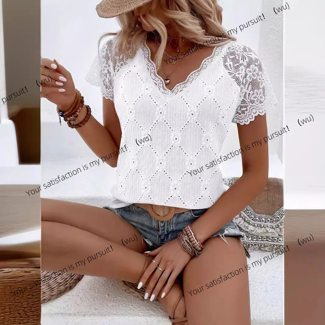 

Элегантная женская однотонная футболка с короткими рукавами и кружевной вышивкой, верхняя женская одежда