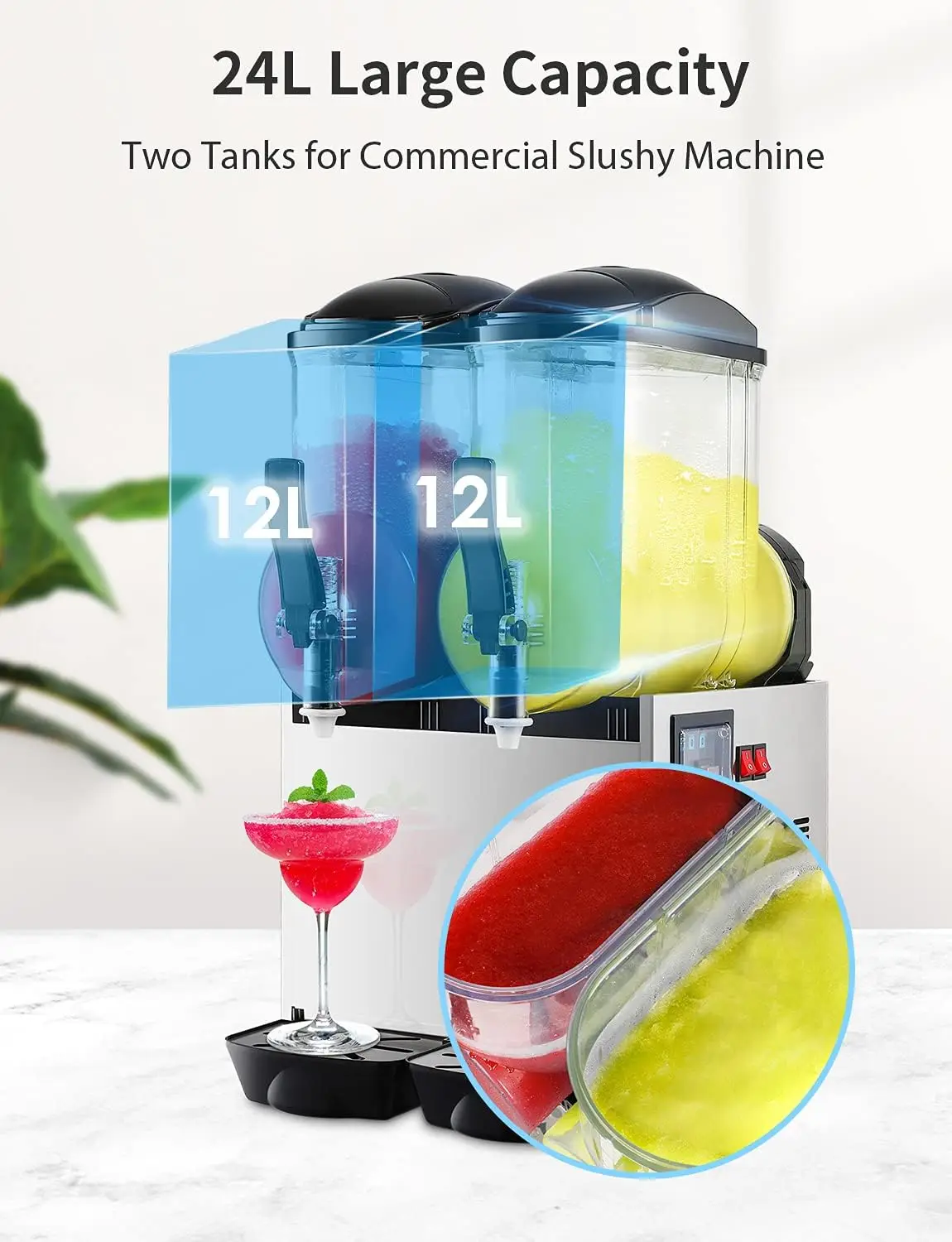 Commercial Slushy Machine 24L Double Tank Frozen Drink Machine 1050W Stainless Steel Margarita Wine Slush Smoothies Maker