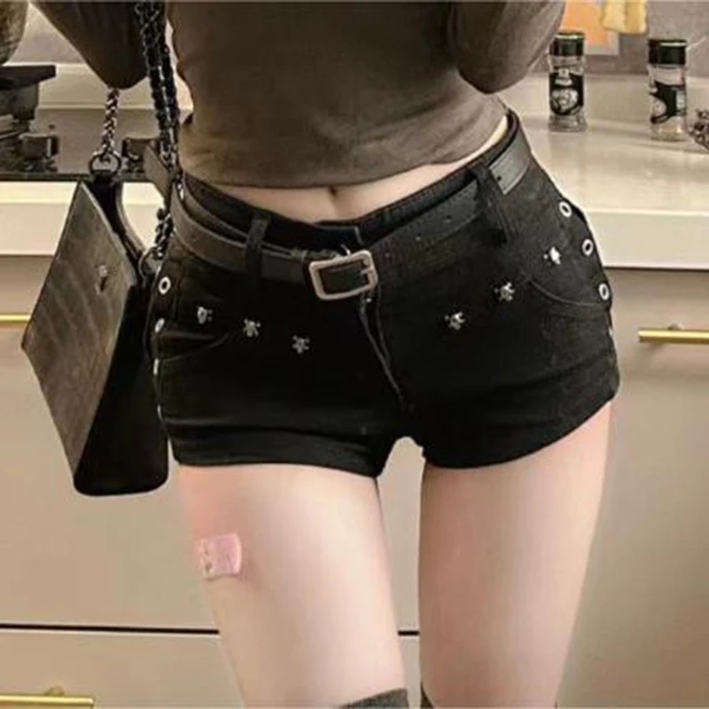 Women Korean Summer Vintage Denim Shorts Y2K Fashion Casual Rivets Button Jean Short Pants Beach Clubwear Streetwear