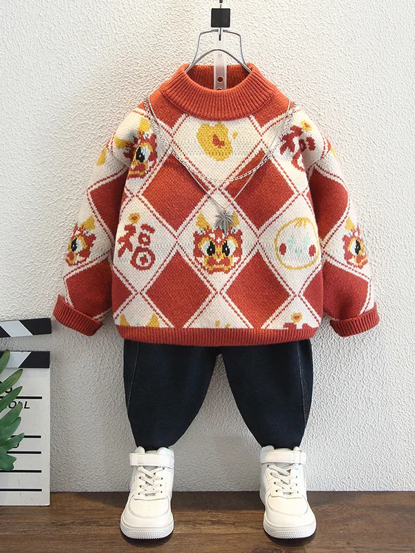 

Boys Knitted Sweater Luy Character Base Layer irt Spring Autumn New Year Faionable Youthful Sle Long Sve round Ne