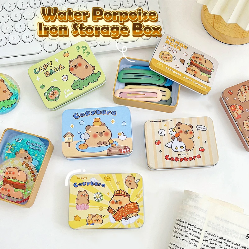 Kawaii Cartoon Capybara Card Storage Iron Box Photo Card Dustproof Box Cute Jewelry Hair Clip Small Box Creative Candy Box