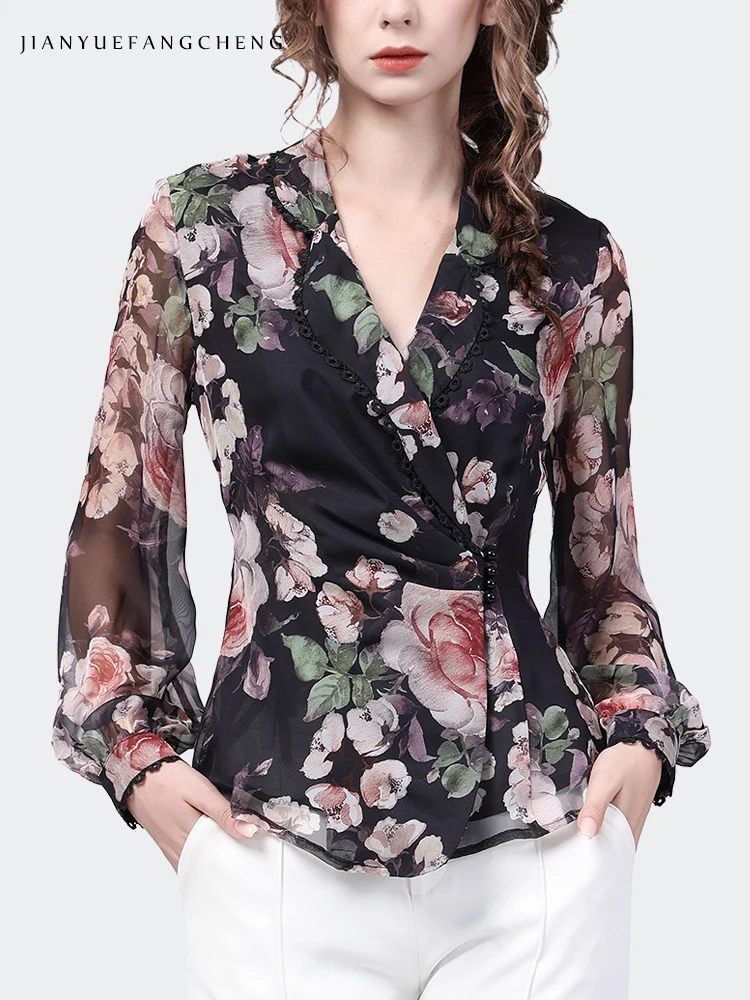 Imagem -03 - Top Floral de Manga Comprida Feminina em Chiffon Elegante e Fino Camisa de Botão Estampado Vintage com Decote em v Blusas Femininas Casuais Novo Primavera 2023