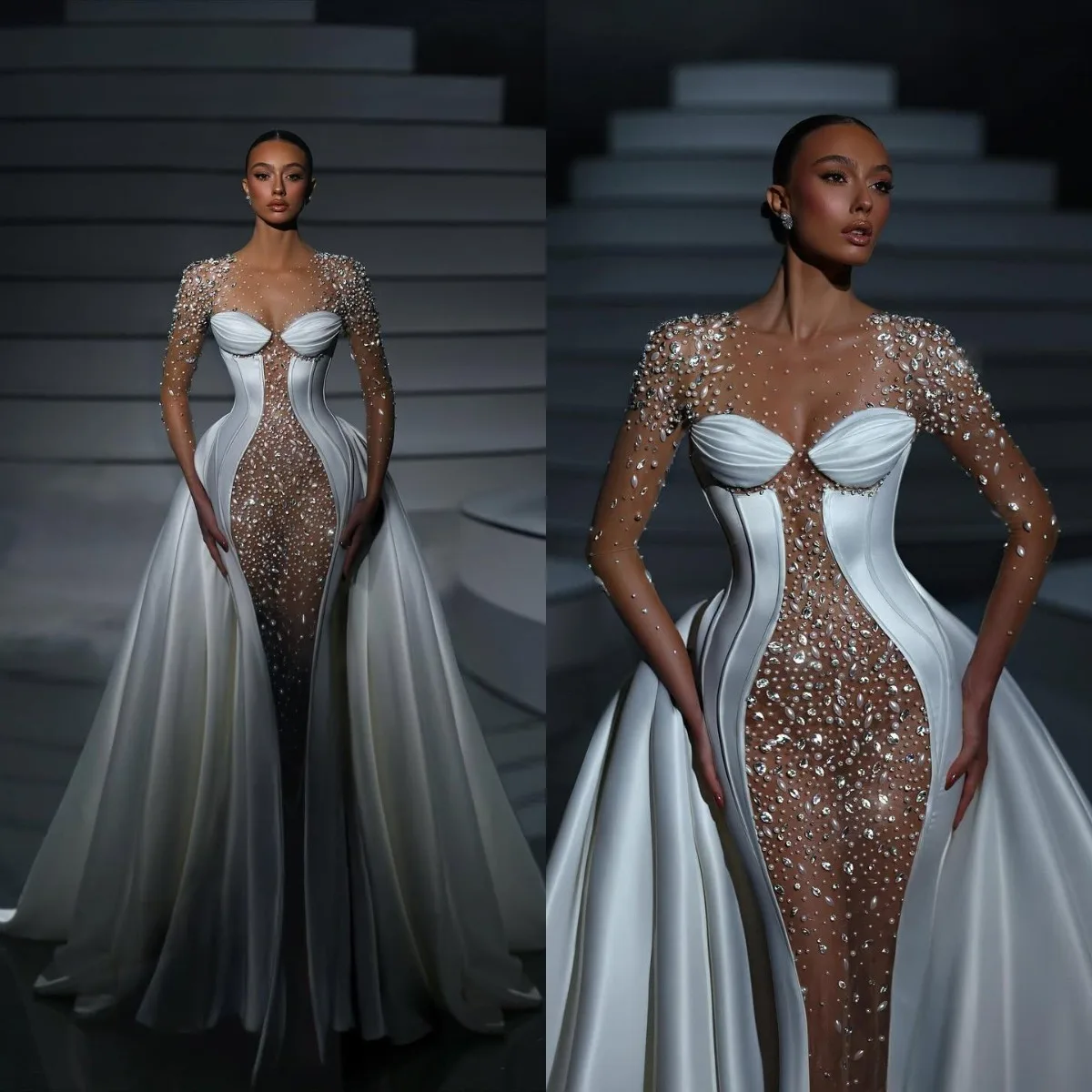 

Sexy Mermaid Wedding Dresses Sheer Jewel Neck Long Sleeve Bridal Dresses Dubai Beaded Crystal Vestidos Gowns Customized
