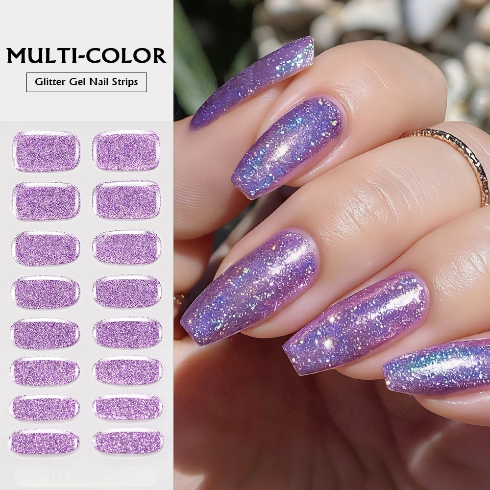 16Tips Glitter Deep Sea Blue Semi-Cured Gel Nail Stickers Full Cover Clear Shiny Gel Nail Patch Sliders Women UV Lamp Nail Decal