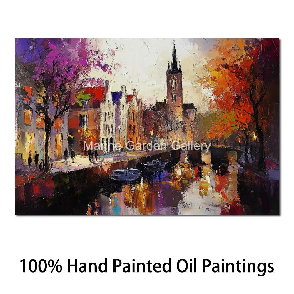 Hand Painted Textured Landscape Canvas Art Oil Painting City Utrecht Modern Impressionist Artwork Sitting Room Bathroom Decor