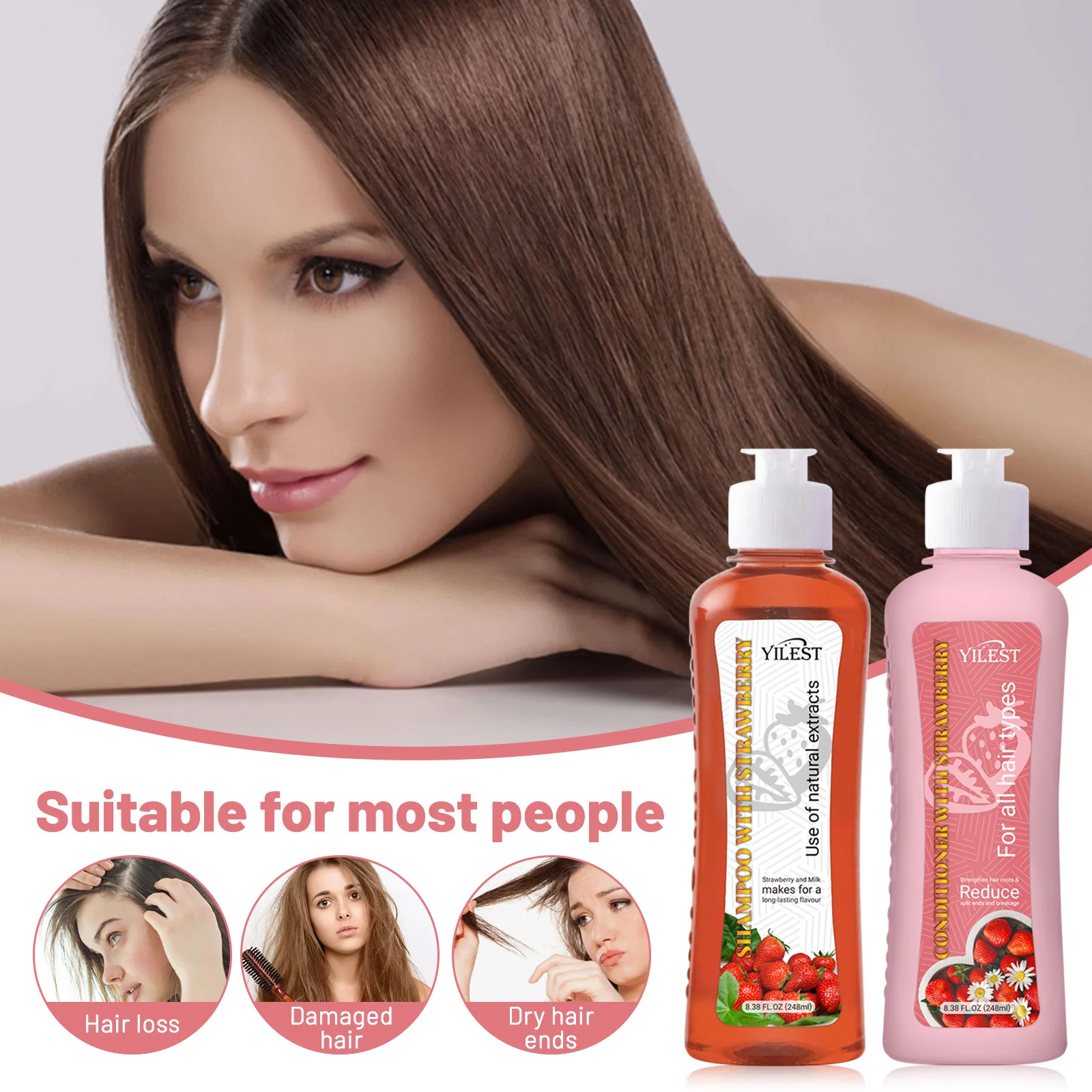 

YILEST Shampoo and Conditioner Set for Hair Loss Dry & Damaged Hair Nourishing Care for Soft & Shiny Hair, Strawberry Scent