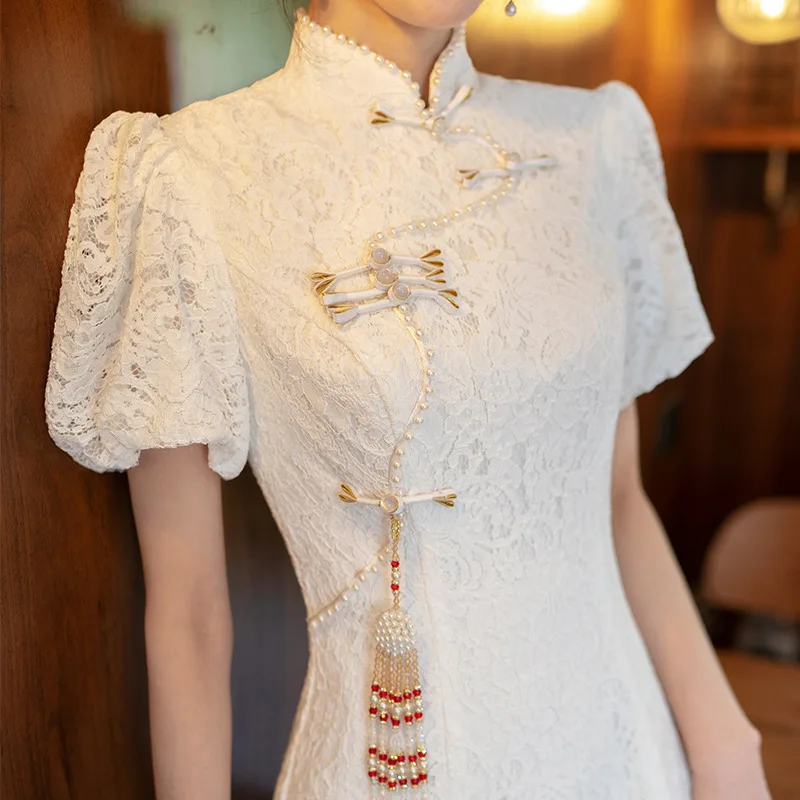 

White Dr Women's New 2024 Autumn Chinese Sle Stand Collar Evening Gown High Waist Zipper Design Wedding Dr