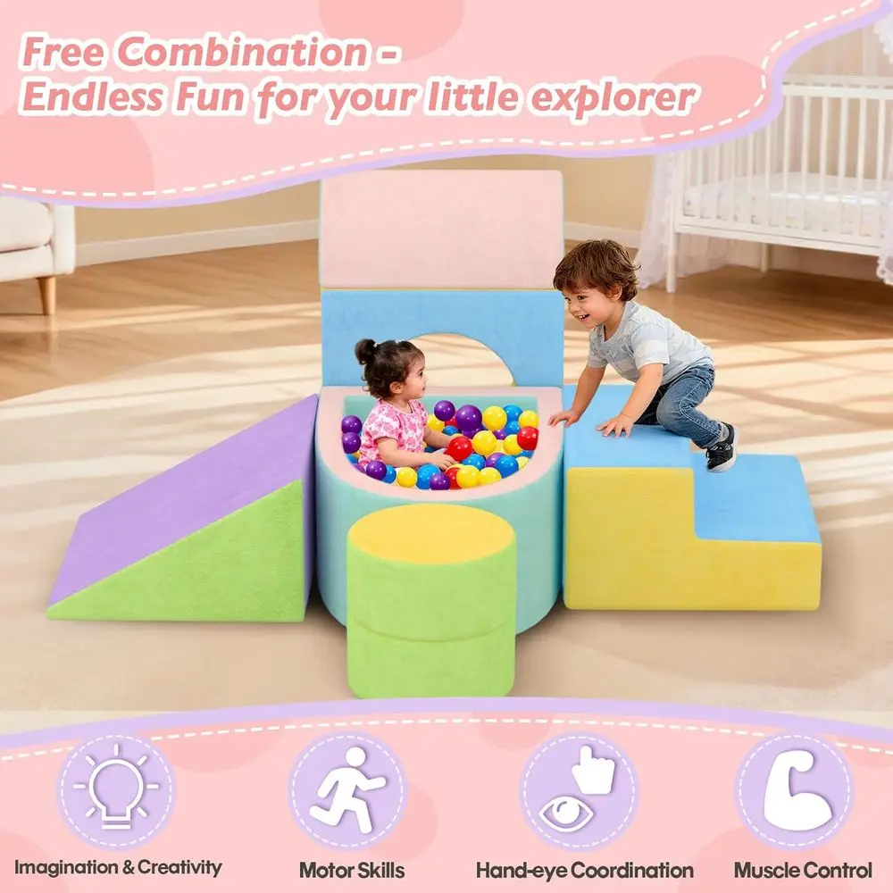 บล็อกโฟมปีนป่ายสำหรับเด็กเล็ก 6 ชิ้น พร้อมบ่อบอล ศูนย์เล่นนุ่มนิ่มหลากสีสัน สำหรับเด็กอายุ 1-3 ปี โครงสร้างสำหรับเล่นในร่ม (พร้อมลูกบอล)