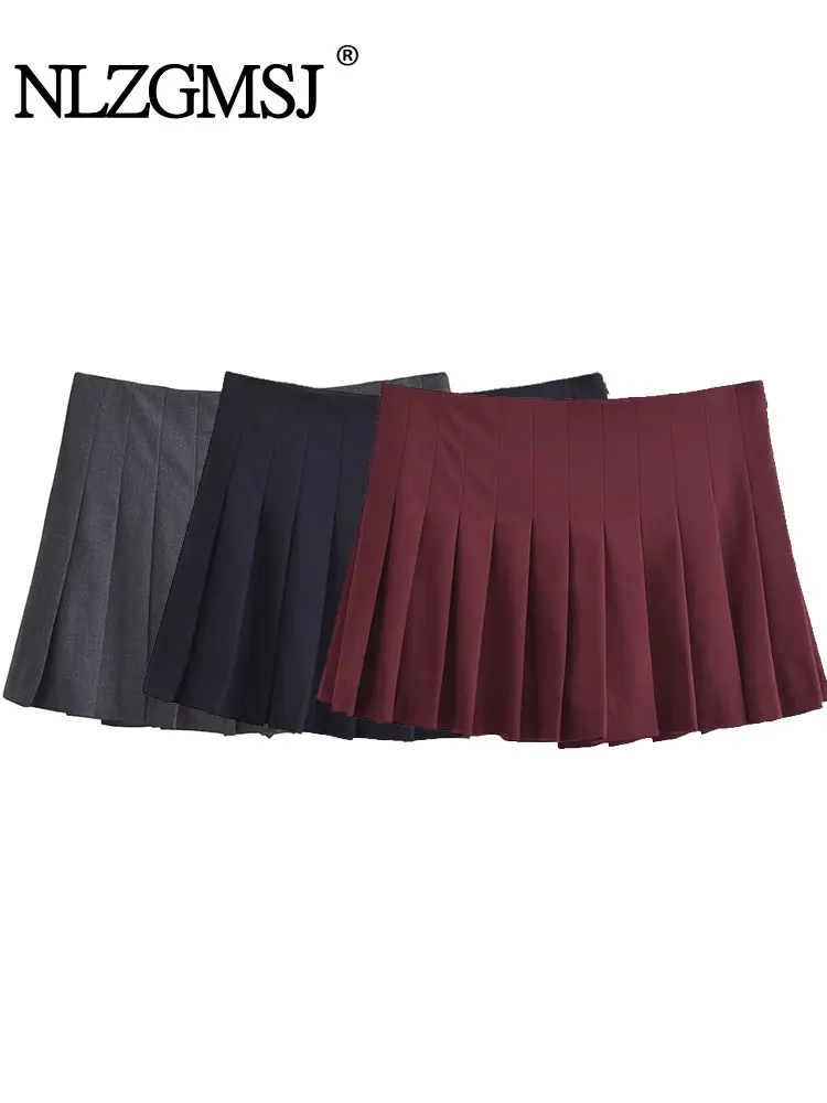 TRAF 2024  Women's Skirt Pleated Mini Skirt Pants High Waist Burgundy And Drak Blue Skirt Shorts  Casual Skort For Women