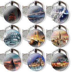 Keychain Glass Cabochon Metal Pendant Classic Men's Women's Keyring Turkey Istanbul