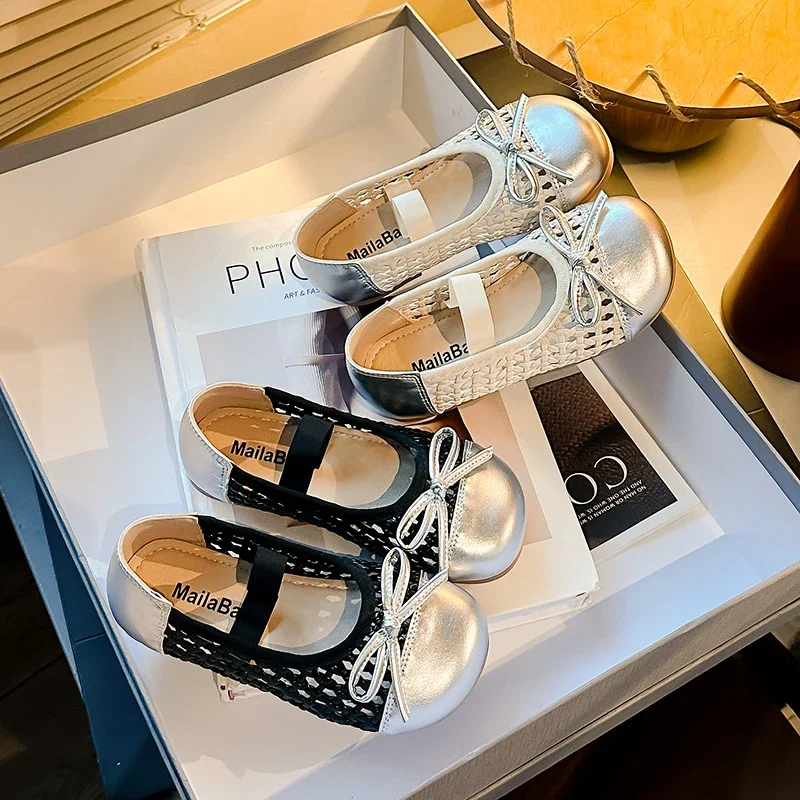 

2025 New Girl Dresses Casual Shoes Patchwork Bowknot Versatile Children Leather Shoes Hollow-out Fashion Kids Walking Flat Shoes