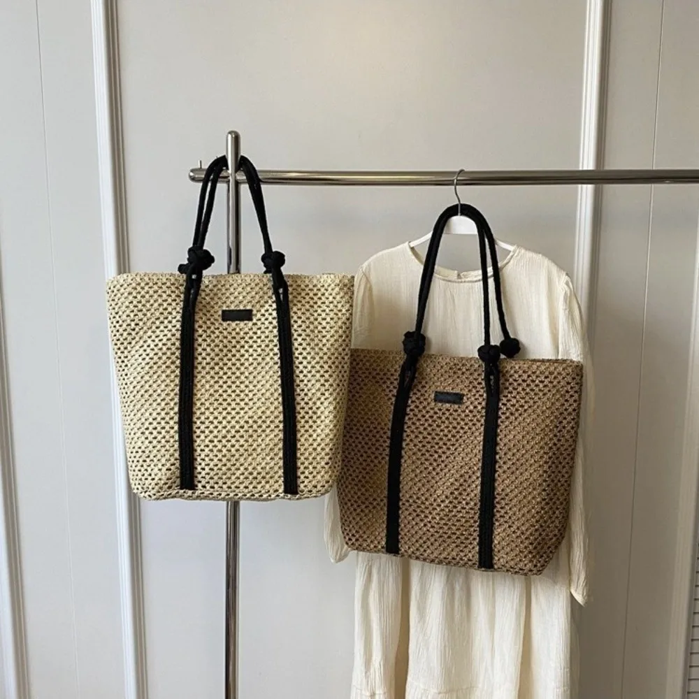 Handwoven Texture Straw Tote Bag Large Capacity Double Shoulder Straps Women's Handbag Lightweight Body Contrast Trim Tote Purse