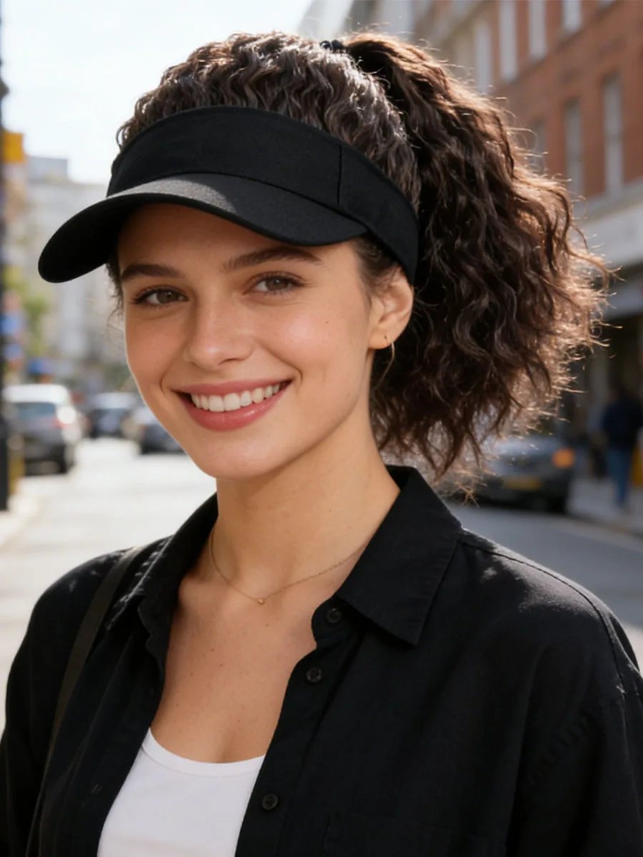 Synthetic 12inch Women's Hat Water Ripple Wig Hat with Ponytail Wig Hat with Wig Lady's Adjustable Black Baseball Cap Wig
