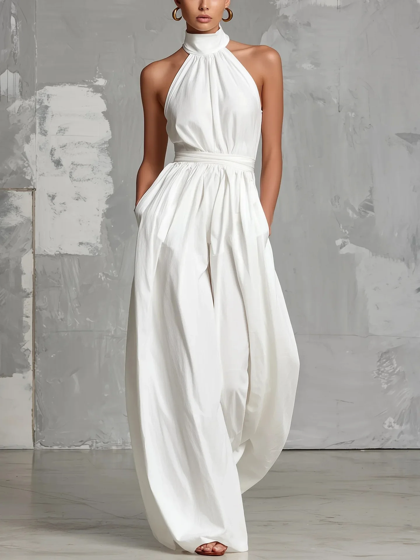 

Women's Halter Neck Sleeveless Jumpsuit Backless Tie Back High Waist Loose Fit Wide Leg Palazzo Casual Jumpsuit with Pockets