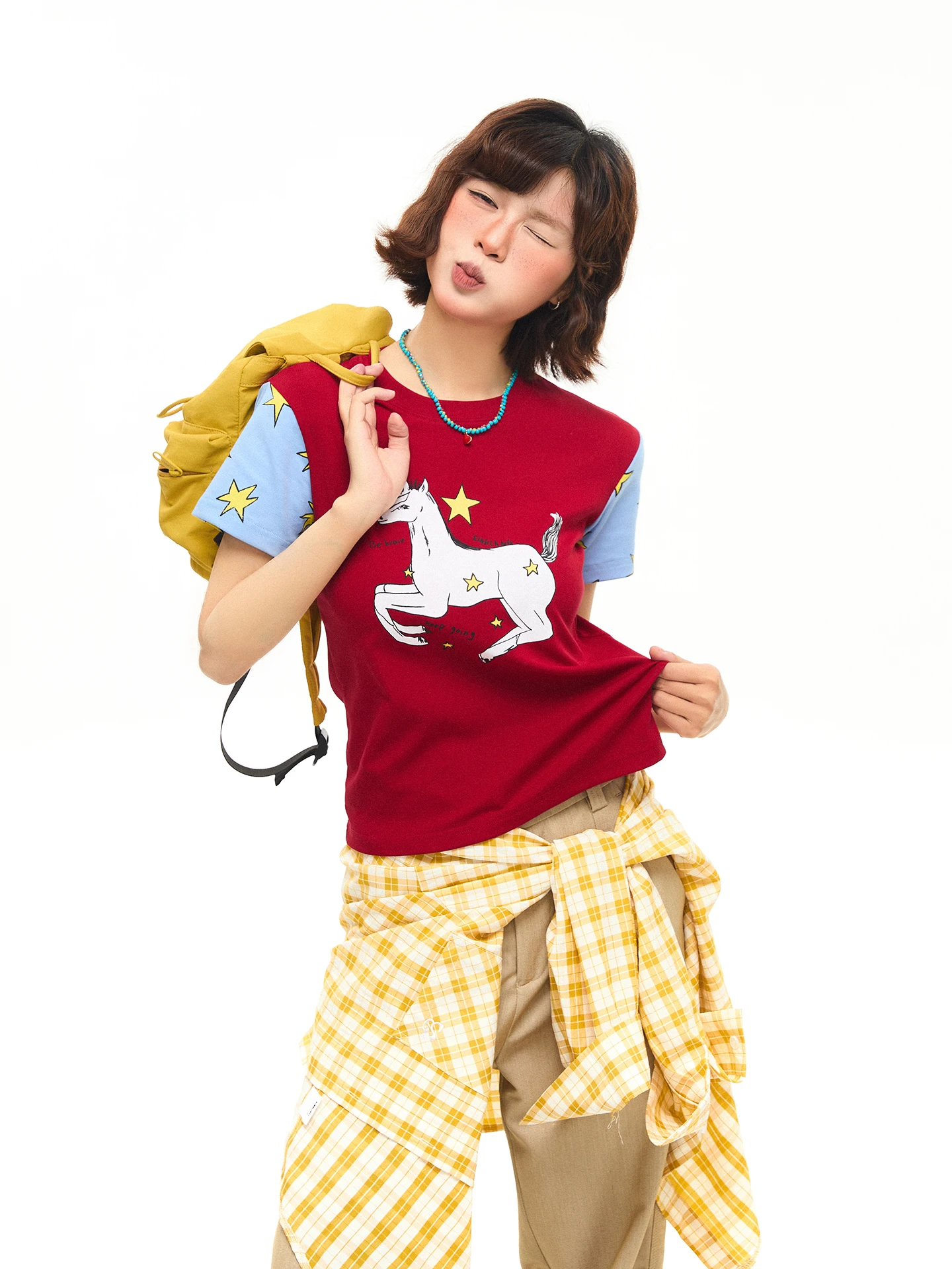 Red Star Little Print Short Sleeve T-Shirt für Damen, Slim Fit, Sommer-Freizeitoberteil, Mian Niu Store, runder Ausschnitt, kurze Länge
