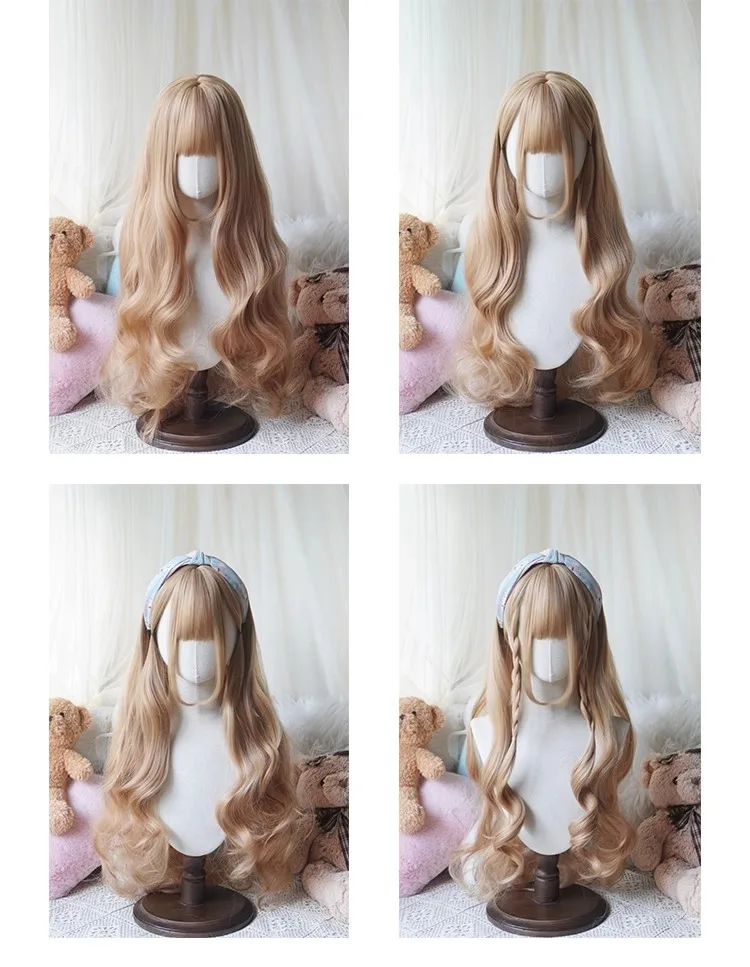 80cm Long Synthetic Hair Lolita Cosplay Wigs With Straight Bang Party Light Gold Hair Natural Wavy Wig Hairpiece for Women