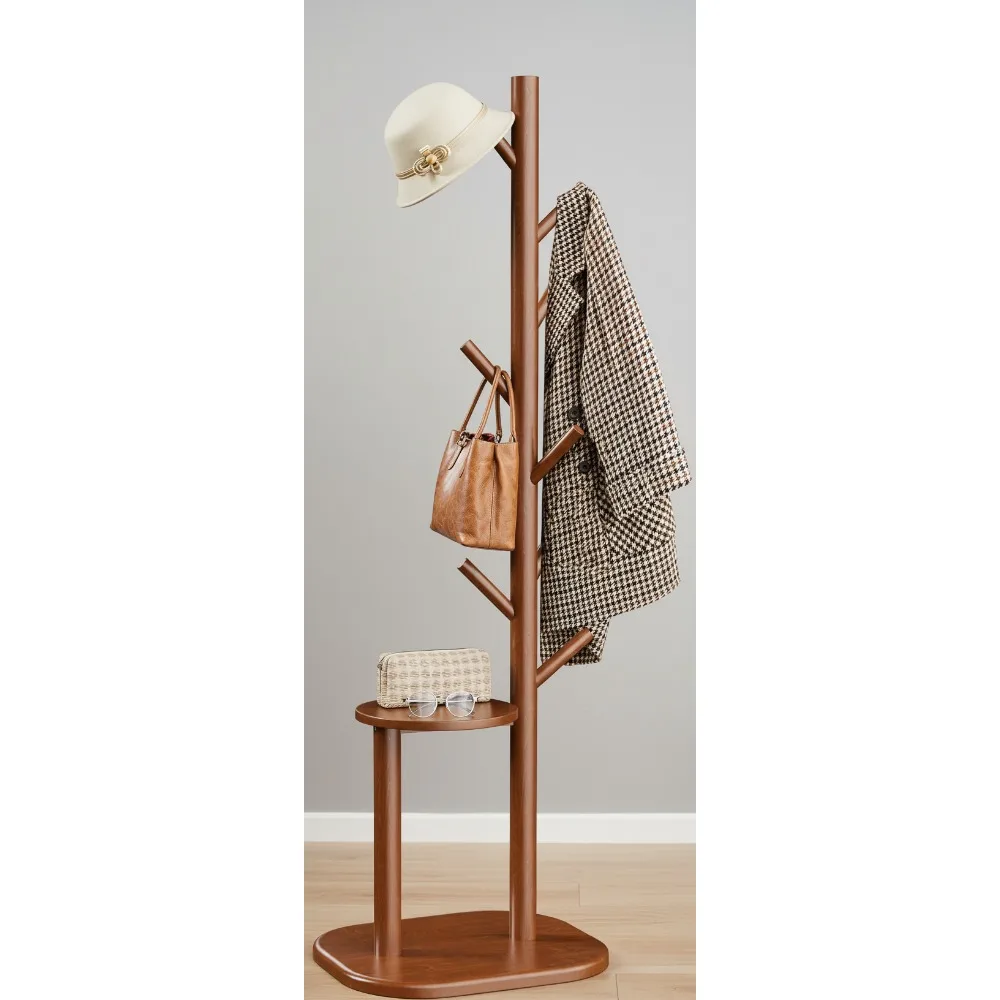 

Отдельно стоящая вешалка для одежды с 8 крючками и полкой для хранения, основание из массива дерева, высокое дерево для прихожей 66,3 дюйма для организации прихожей