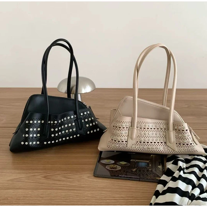 

Retro Hollowed Rhinestone Irregular Handbag Large Capacity Multi-pocket Zipper Compart Shoulder Bag Geometric Layered Briefcase