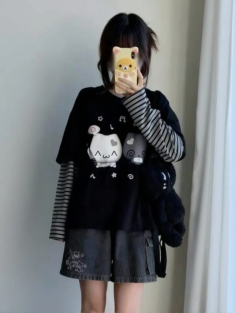 Japanisches 2000er-Jahre Süßes Anime Langarm-T-Shirt für Damen, Fake-Zweiteiler, gestreift, Basic-Tees, Kawaii, süßes Herbstshirt