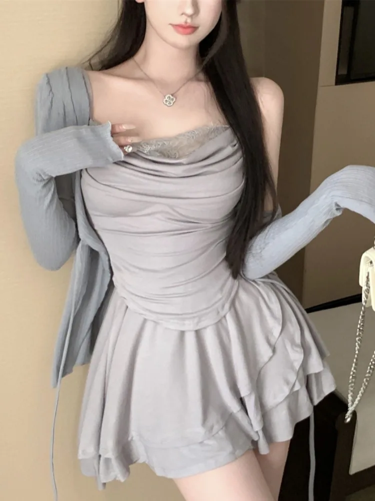 

Pure Desire Irregular Sexy Long Sleeve Thin Women's Tank Top with Strap Vest Autumn Season Versatile Half Skirt Three Piece Set