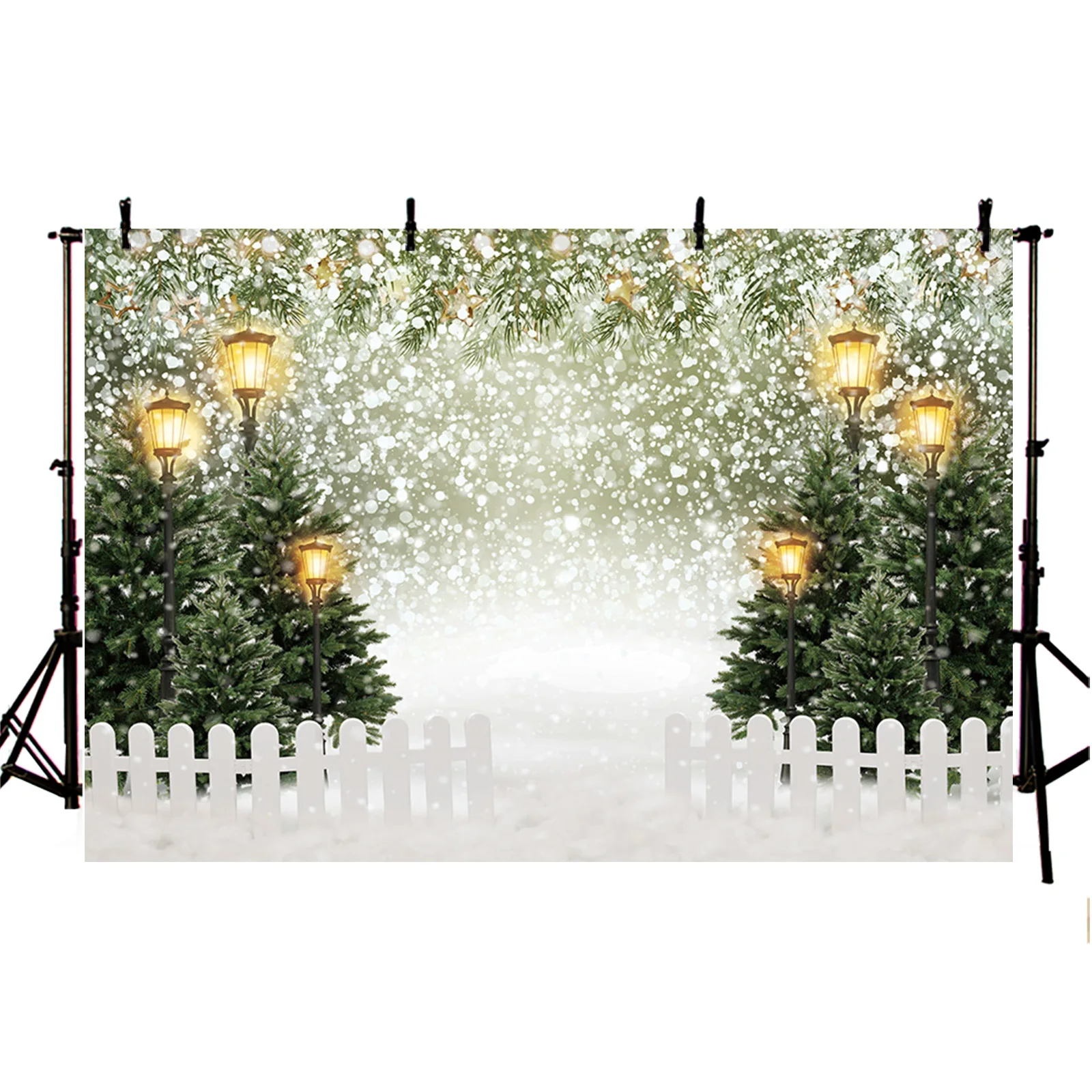 Winter Snow Grove Photography Backdrop Streetlight Outdoor Snow Scene Kids Portrait Christmas Party Decor Background Photozone