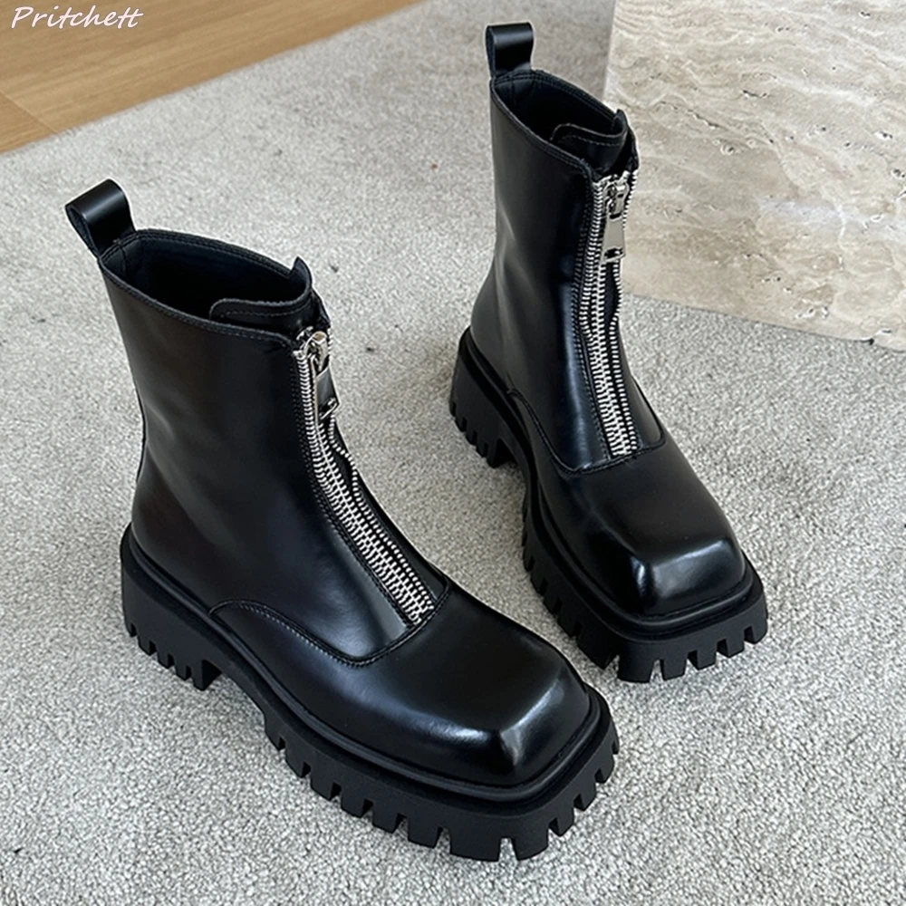 

2024 New Design Zipper Women Ankle Boots Square Toe Patent Leather Short Boots Autumn Winter Mature Fashion Black Women Boots