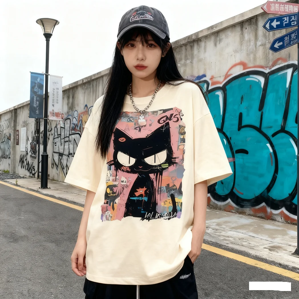 

Американская винтажная хлопковая футболка с мультяшным принтом кота Kpop знаменитостей в одном стиле High Street, летний свободный топ для девочек