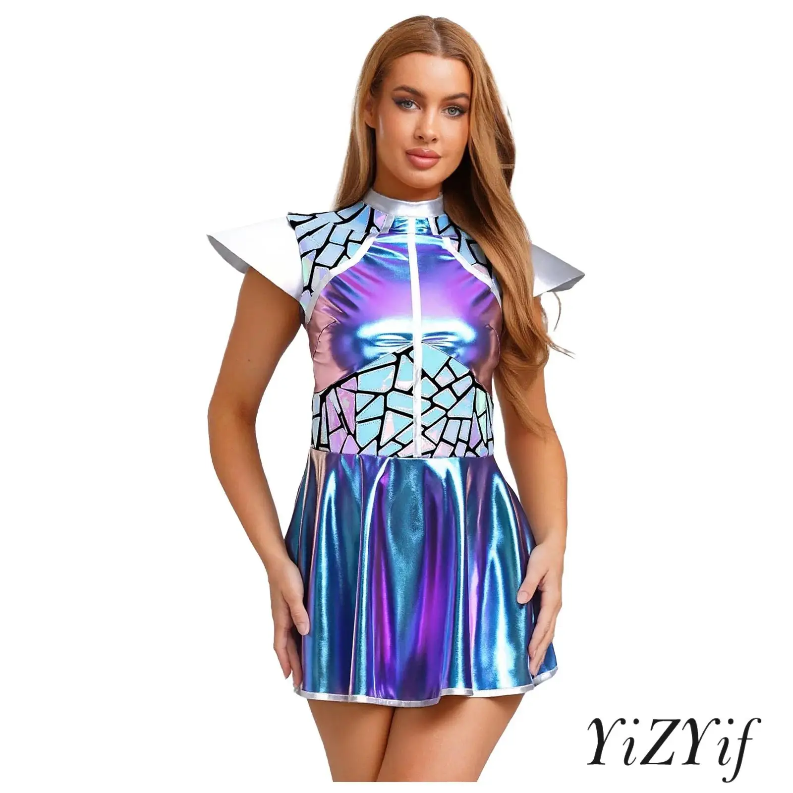 

Womens Halloween Alien Astronaut Dress-up Dress Gradient Sequin Metallic Fly Sleeve A-line Mini Dress for Space Themed Party