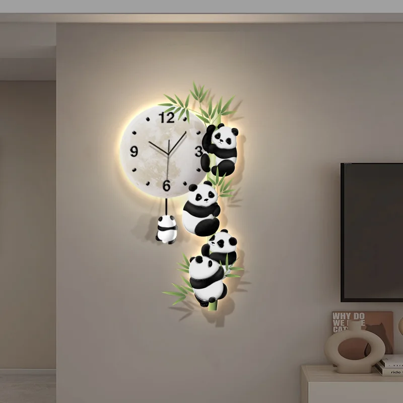 Living room panda swing wall clock decorative painting TV background wall creative led clock wall dining room clock hanging