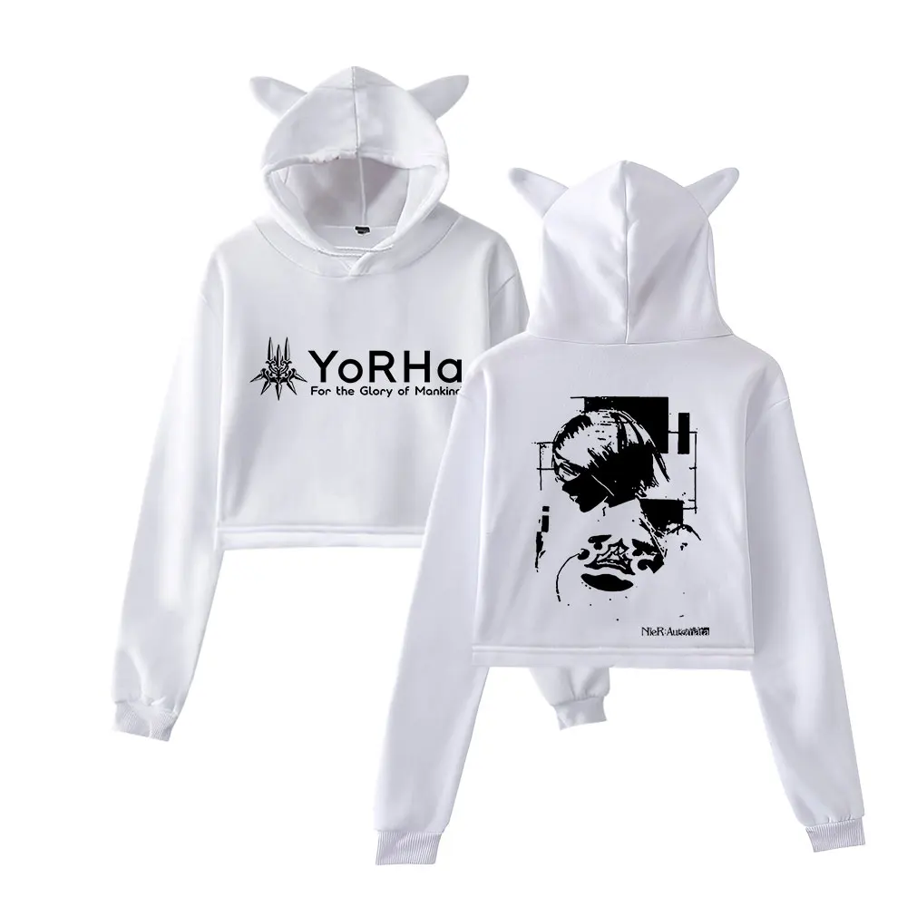 NieR Automata 2B YoRHa Vintage 90s Streetwear Hoodie Merch Hoodie Sweatshirts for Girl Cat Ear Crop women Clothing