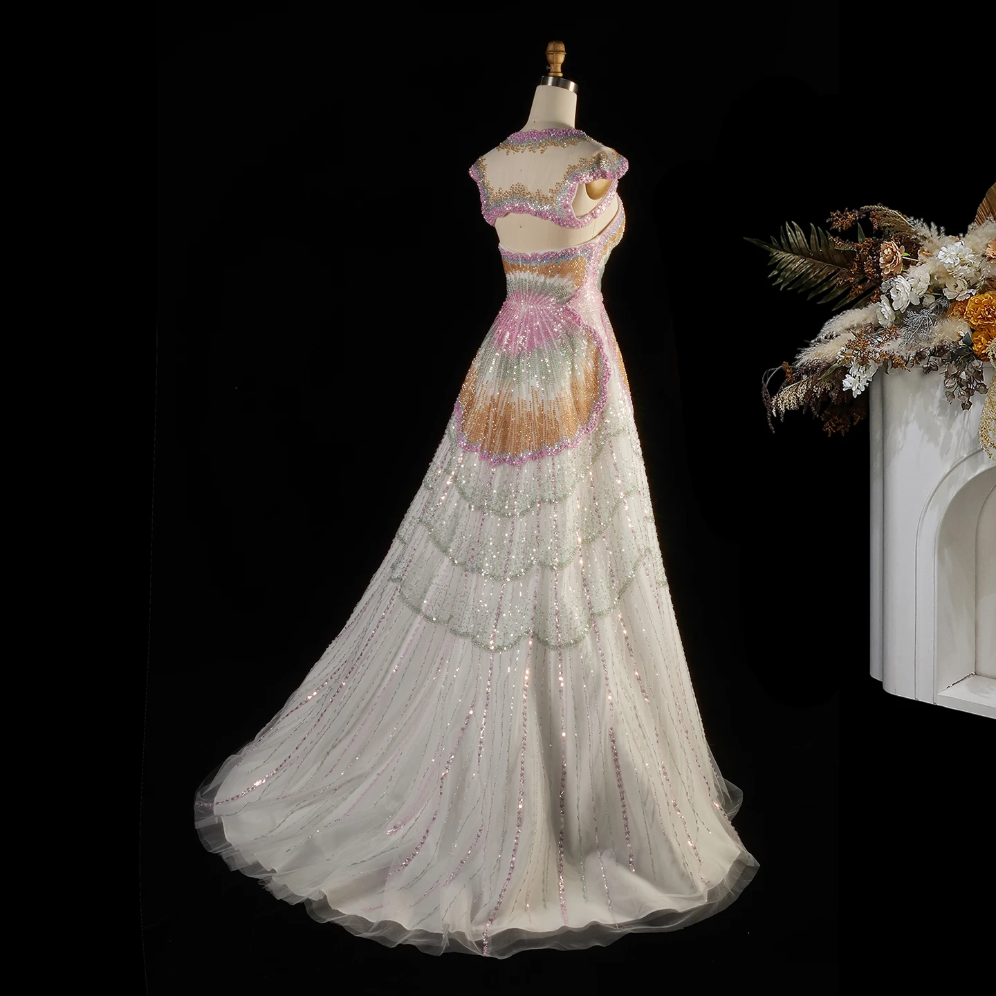 Sharon Said Luxuriöses Arabisches Damen-Abendkleid, Zweiteiliges, Perlenbesetztes, Langes Ballkleid mit Cape-Ärmeln, SS296, Maßanfertigung – Detail 8