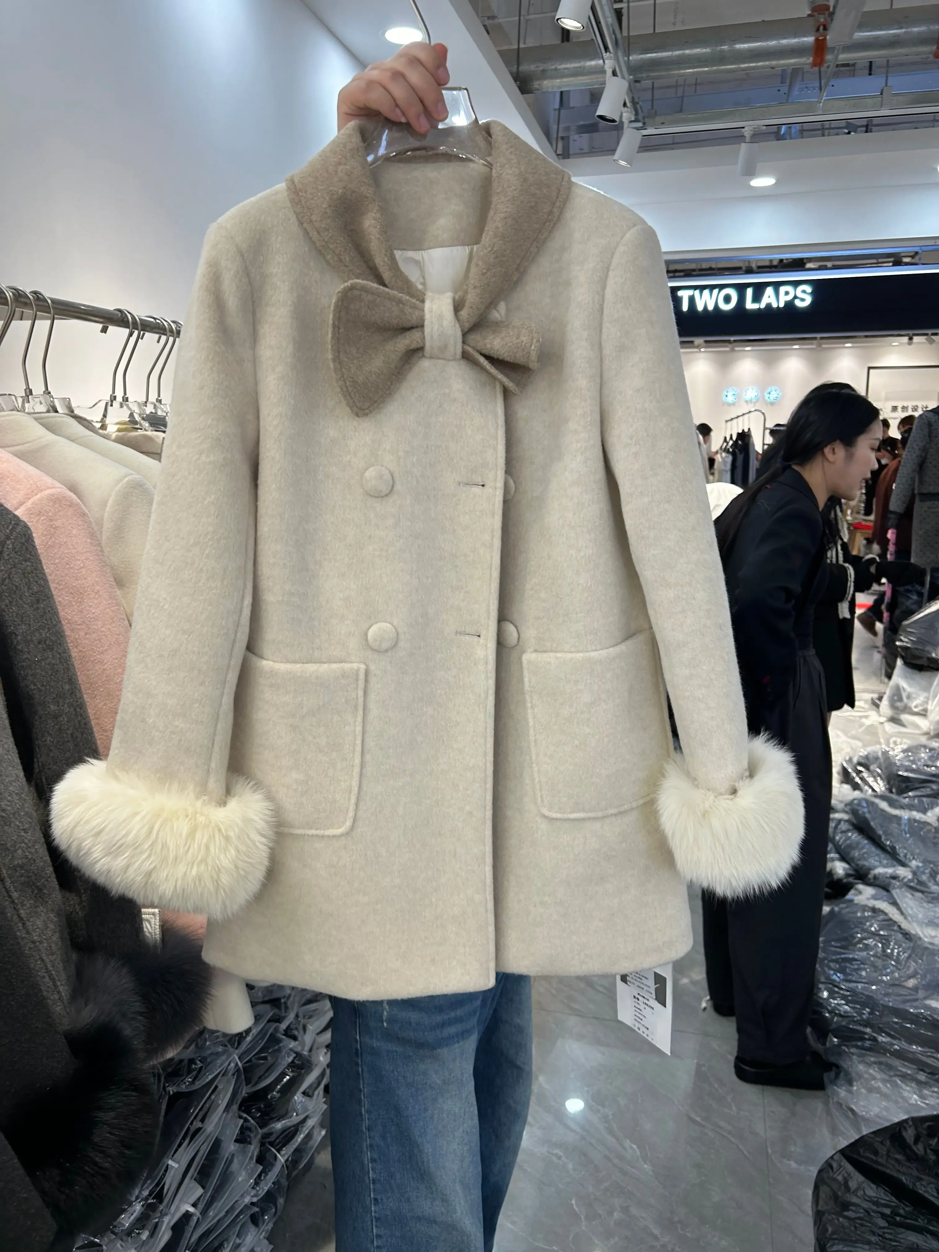 Female 2024 Autumn Winter Blends Socialite Double-breasted Sleeves Straight Coat Bow Collar Fashion Down Liner Medium Long Coats