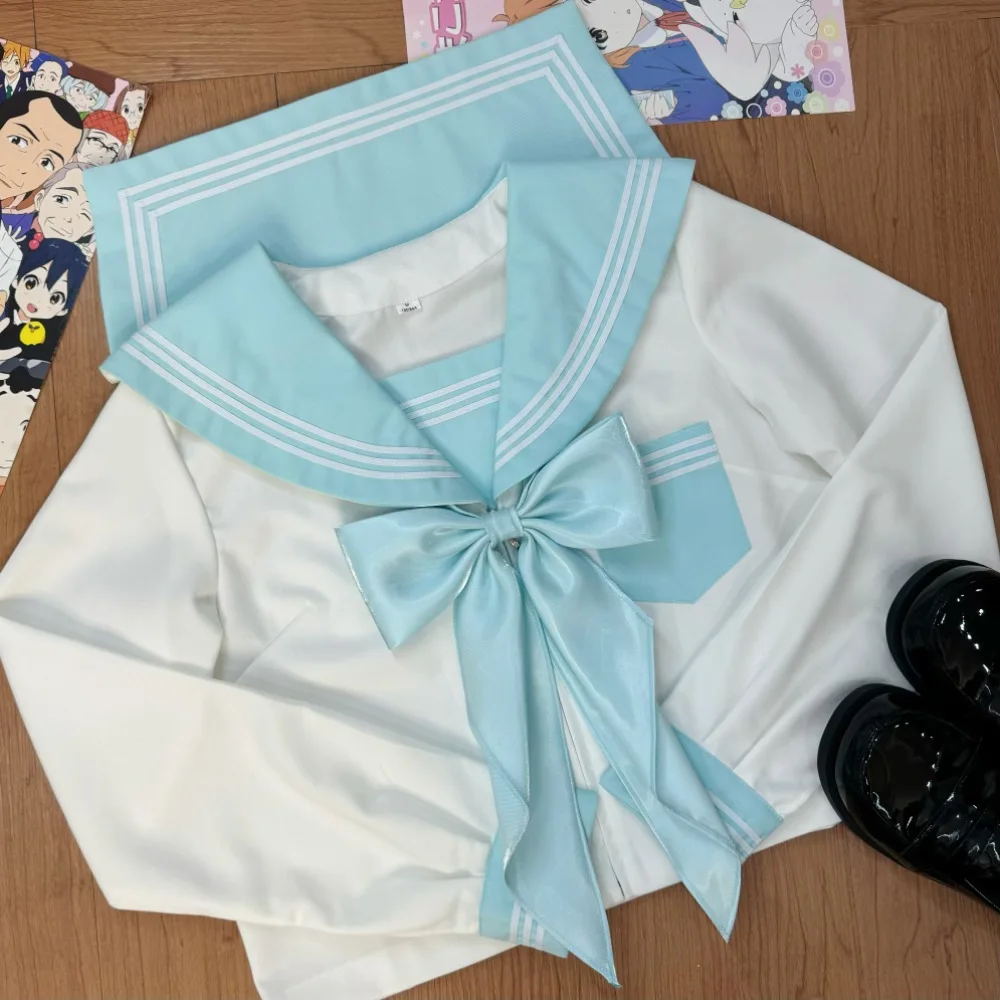 Abito da marinaio giapponese Fuku Uniforme da studente per ragazze delle scuole superiori coreane Blu cielo Set uniforme sexy Jk da donna Gonna a pieghe a maniche corte