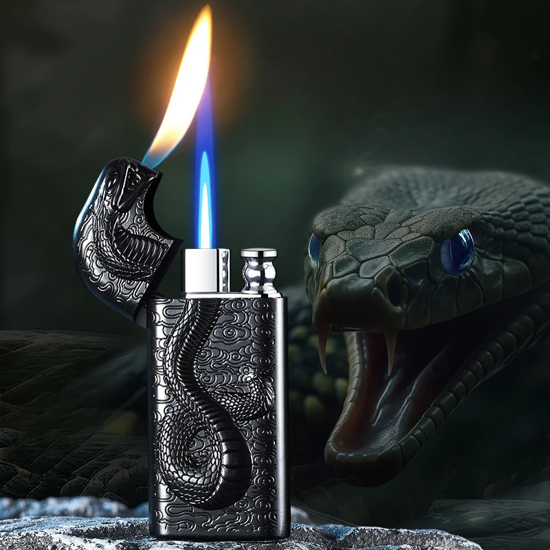 Double Flame Snake Embossed Lighter for Men, Creative Embossed Magic Double Fire Conversion, Gas Lighter, Personalized Metal