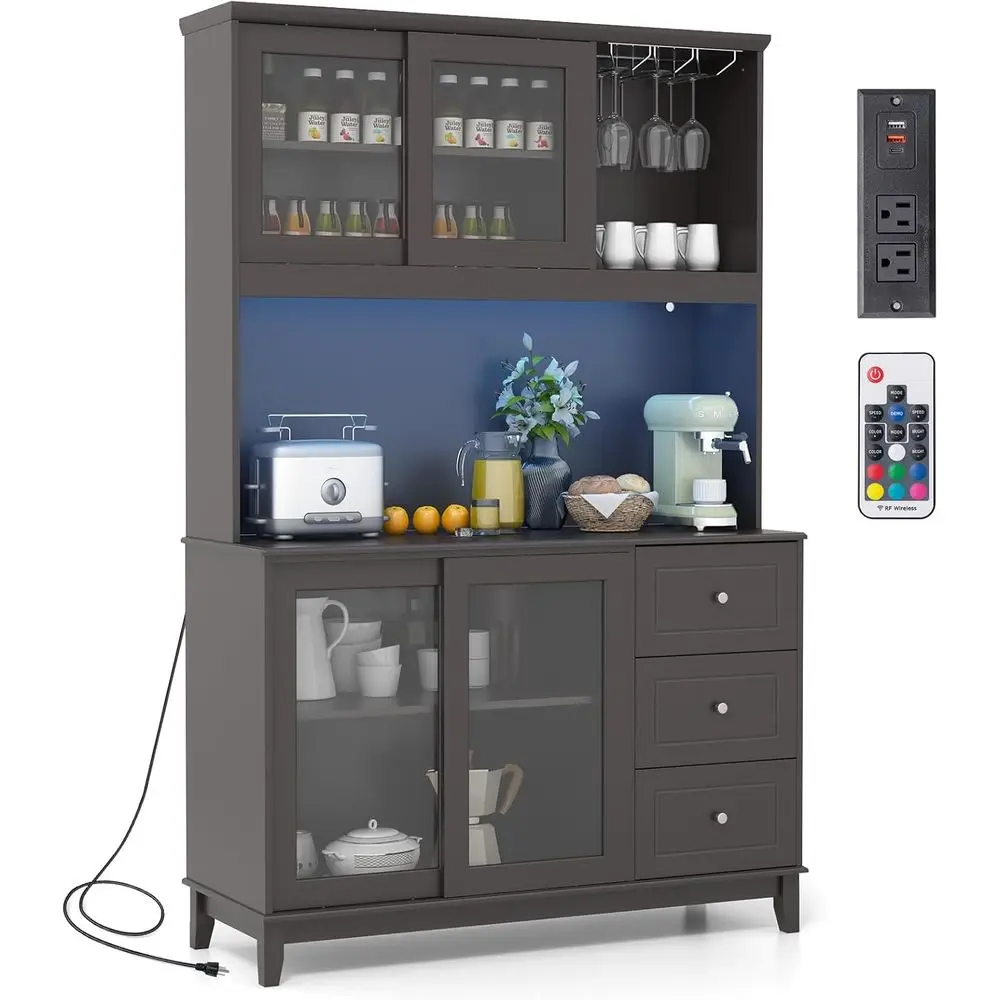 

73" Kitchen Pantry Storage Cabinet, Hutch Cabinet with LED Lights & Power Outlet, Kitchen Buet Sideboard w/Wine Glass Racks, Cou