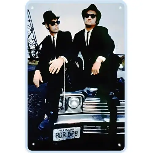 Letrero Metálico Vintage de los Blues Brothers con Imagen Animada de Belushi y Akroyd de SNL - Aluminio
