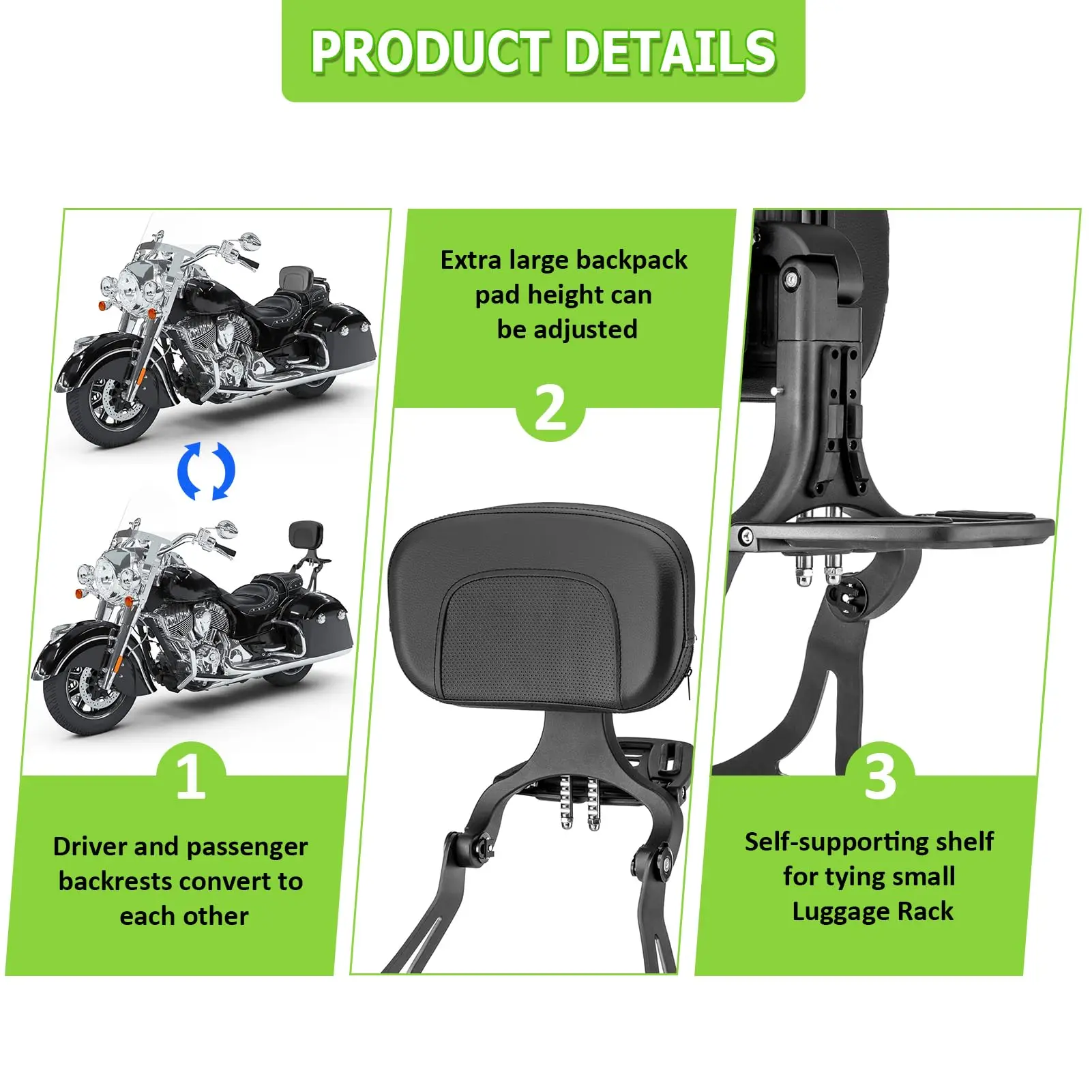 Adjustable Backrest Sissy Bar Compatible with 2014-2024 Indian Chieftain Dark Horse Vintage Challenger Springfield Models