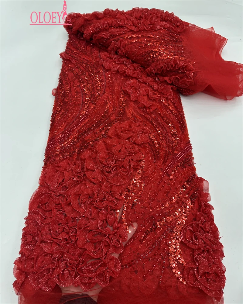 OLOEY 2026 Luxury Elegant Handmade Embroidery Sequins Beaded Lace High Quality African Sequins Lace Fabric for Wedding Sewing