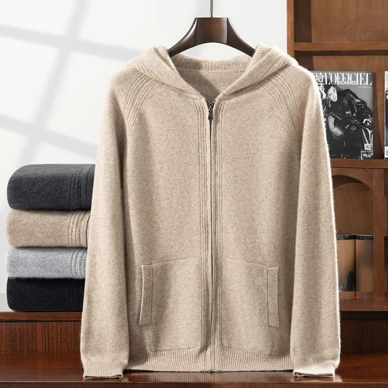 

Men's Zipper Hooded Cardigan 100% Cashmere Knitted Sweater Autumn Winter Thick Warm Jacket Soft Comfortable Casual Business Tops