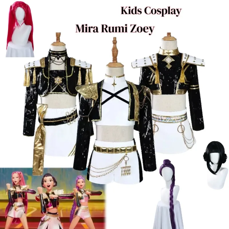 

Kids Kpop Demons Hunters Mira Rumi Zoey Cosplay Costume Black Golden Stage Performance Uniform Wig Suit Girls Roleplay Outfits