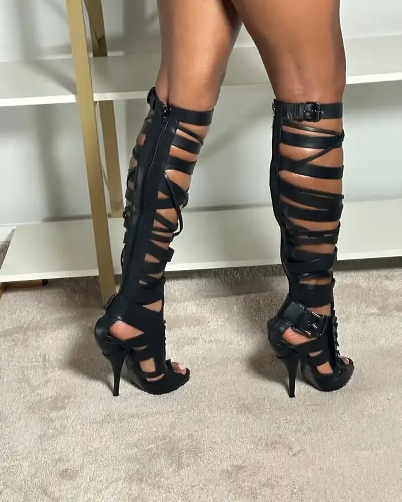 

Lace-Up Over-The-Knee Boots Strappy Cutout Design Buckle Details Open-Toe Bold Strapping Perfect for Making a Punk-Inspired