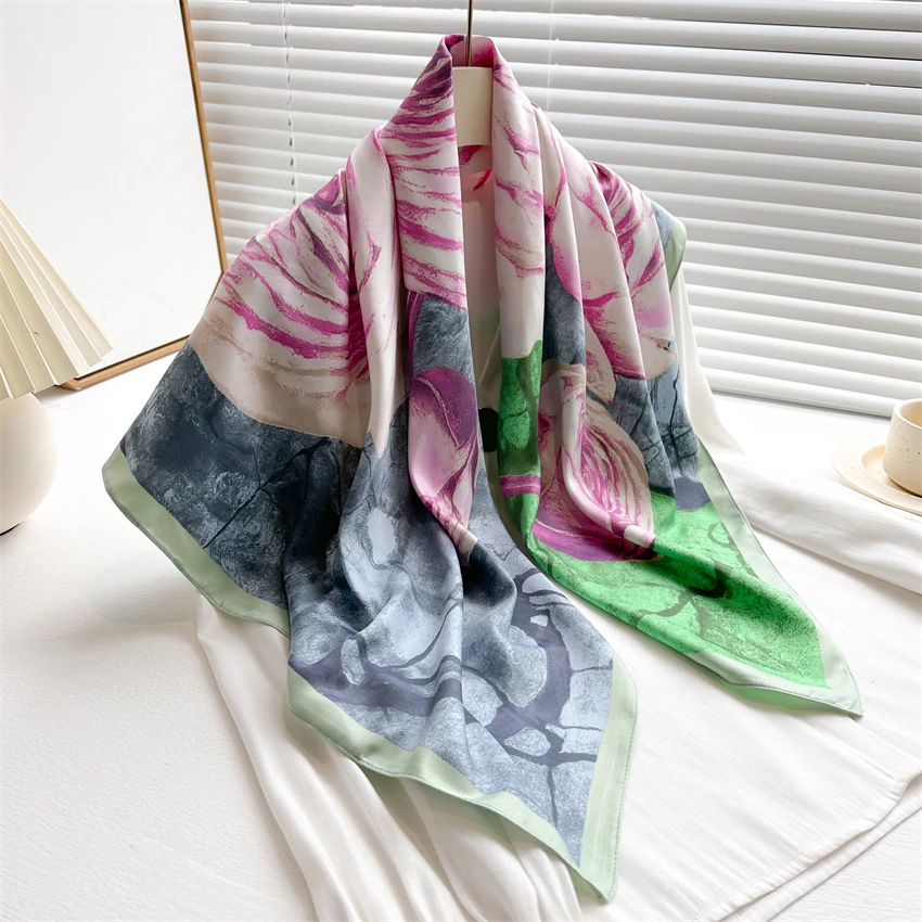 2024 Fashion New Twill 90cm Square Silk Scarf for Women Design Floral Print Wraps Stoles Hijab Foulard Headband Lady Shawl Banda