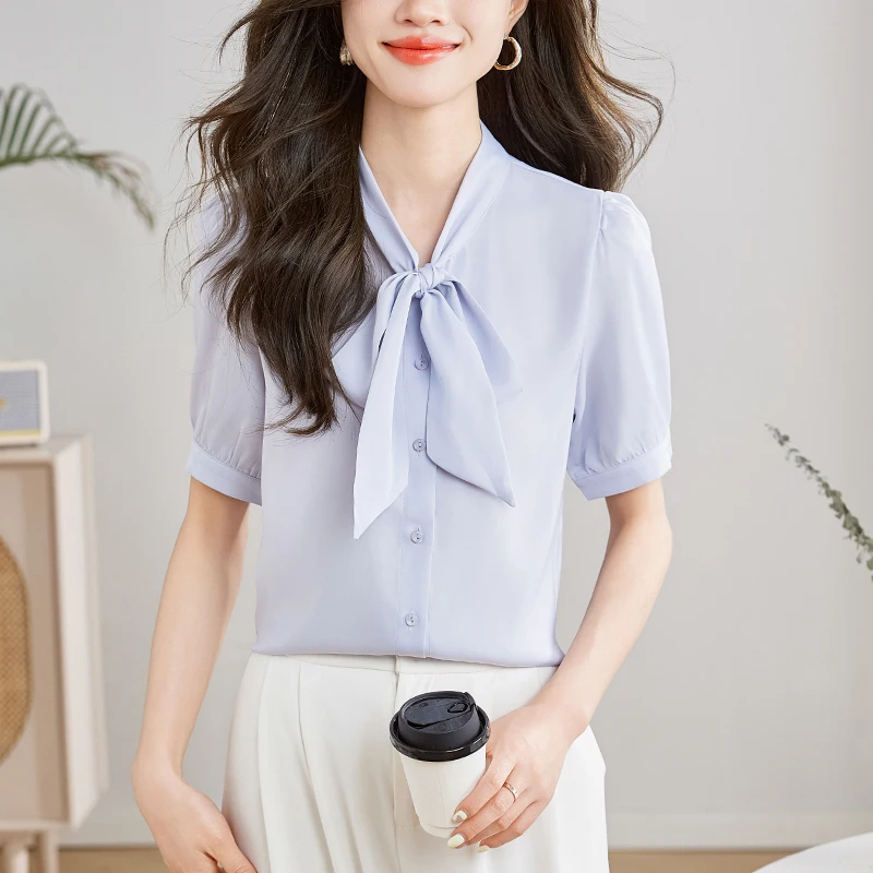 Fashion Short Sleeve Bow Collar Women Shirt Office Lady Casual Shirt Blouse Women Tops  Blusas Mujer De Moda 2024 Verano J424