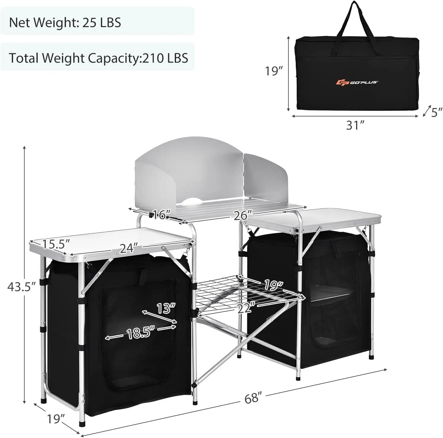 Folding Camping Kitchen Table with Storage, Aluminum Portable Outdoor Cooking Table with Windscreen, Foldable Camp Table Cook