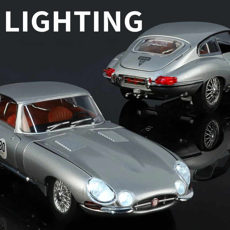 1:24 E-TYPE liga modelo de carro simulação retro vintage carro para crianças som luz série brinquedo presente tema decoração ornamento