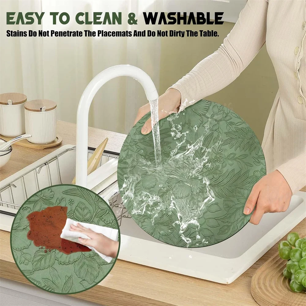 مفارش أطباق، سجادات مكان من جلد البولي يوريثان مزدوجة الجوانب، مقاومة للحرارة ومقاومة للماء وغير قابلة للانزلاق، سجادات طاولة قهوة مستديرة للمطبخ على شكل زهور قابلة للغسل #3