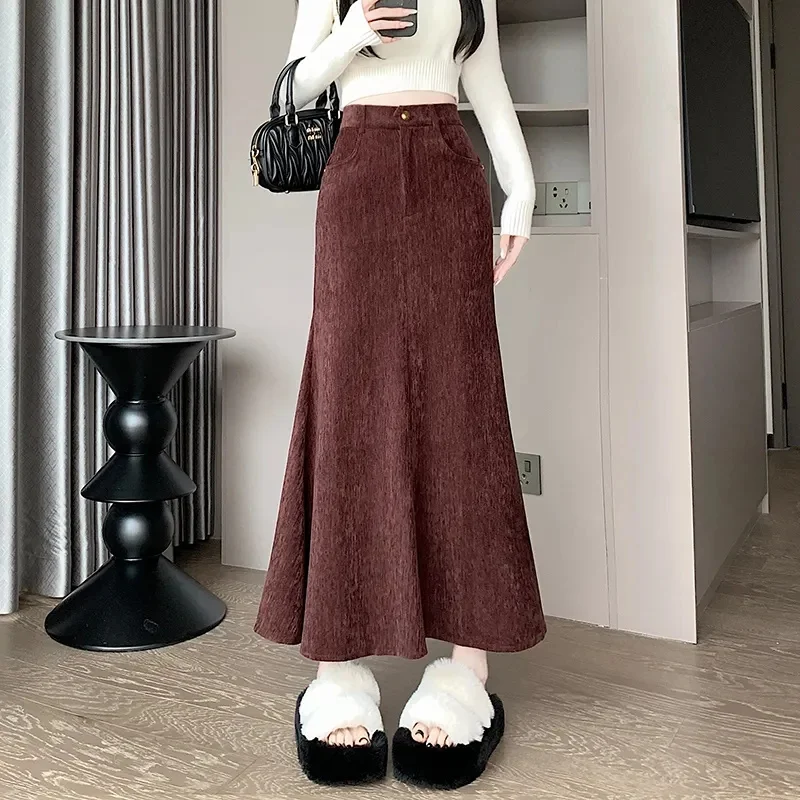 Jesienna damska spódnica maxi z efektem rybiego ogona w dużym rozmiarze 5XL, moda damska 2025, patchworkowe długie spódnice, koreańska moda damska, spódnica codzienna z wysokim stanem.